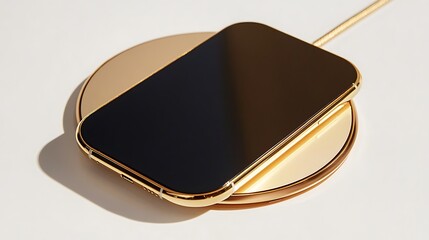 Sticker - 22. A close-up of a gold-plated wireless charger, with a phone placed on it, against a clean white background