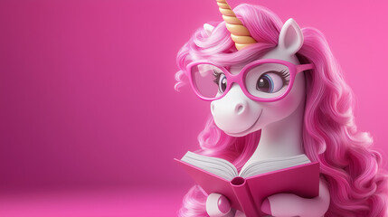 Wall Mural - Adorable pink unicorn with glasses reading a book against a vibrant pink background