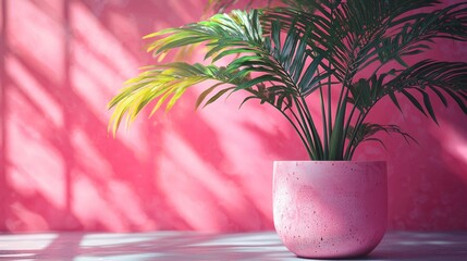 Wall Mural - Decorative potted palm plant with shadows on a pink background