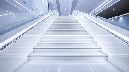 Wall Mural - 17. A wide staircase with high gloss white steps and a modern design, displayed on a white background