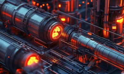Poster - A close-up view of industrial machinery with glowing elements and intricate piping.
