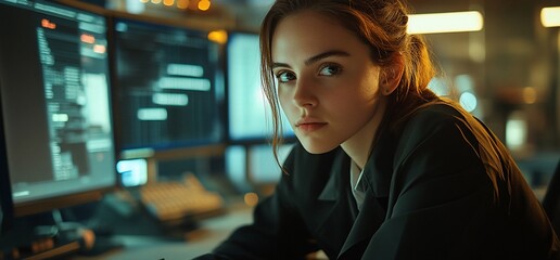 Poster - A focused individual working in a tech environment with computer screens displaying data.