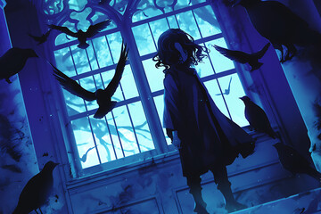 Wall Mural - A silhouetted figure stands by a window surrounded by crows in a dark, atmospheric setting.