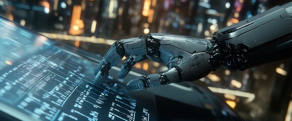 Poster - A robotic hand interacts with a digital interface displaying complex data.