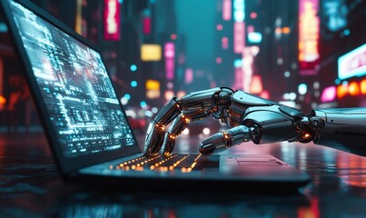 Poster - A robotic hand interacts with a laptop in a neon-lit urban environment.