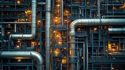 Poster - An intricate network of industrial pipes illuminated by warm lighting.