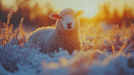 Wall Mural - Lamb in snowy field at sunset.