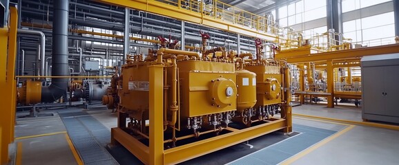 Poster - Industrial facility with large yellow machinery for processing or storage.