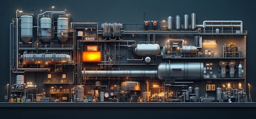 Poster - Industrial facility with pipes, tanks, and machinery, designed for processing and production.