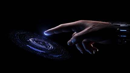 A virtual computer screen display shows a hand touching a digital HUD interface with a futuristic technology background, depicting a UI future concept, cyber communication hologram, and innovation in