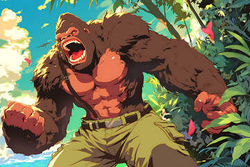 Wall Mural - A muscular gorilla stands fiercely in a vibrant jungle setting, showcasing strength and power.