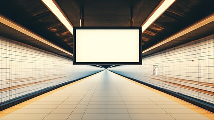 Poster - Illuminated empty subway platform with geometric ceiling design : Generative AI