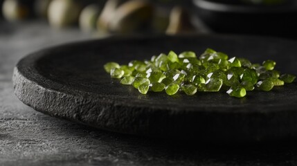 Poster - A collection of sparkling green gemstones rests on a textured stone surface, illuminated by soft light. The setting conveys a serene and earthy atmosphere, highlighting the gemstones natural beauty.