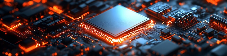 Leinwandbilder - Macro View of Modern Microchip with Luminescent Details on Circuit Board : Generative AI