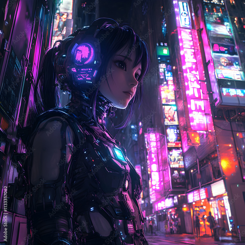 Cyberpunk Anime Girl Neon City Night Stock Illustration | Adobe Stock