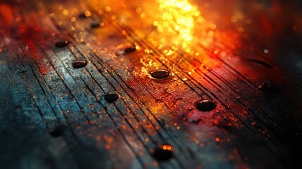 Sticker - Water droplets on dark, glowing wood.