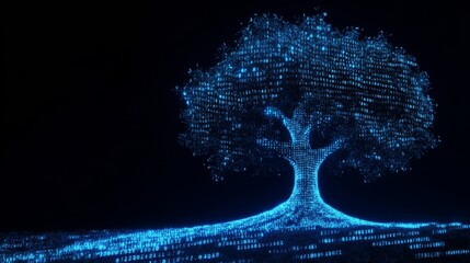 A digital representation of a glowing tree, crafted entirely from illuminated binary code patterns. Ideal for technology, innovation, and futuristic concepts.. AI Generation