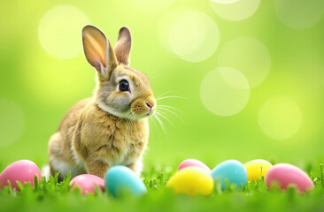 Wall Mural - Happy Easter background with a bunny and colorful eggs on the grass. Copy space on the right.