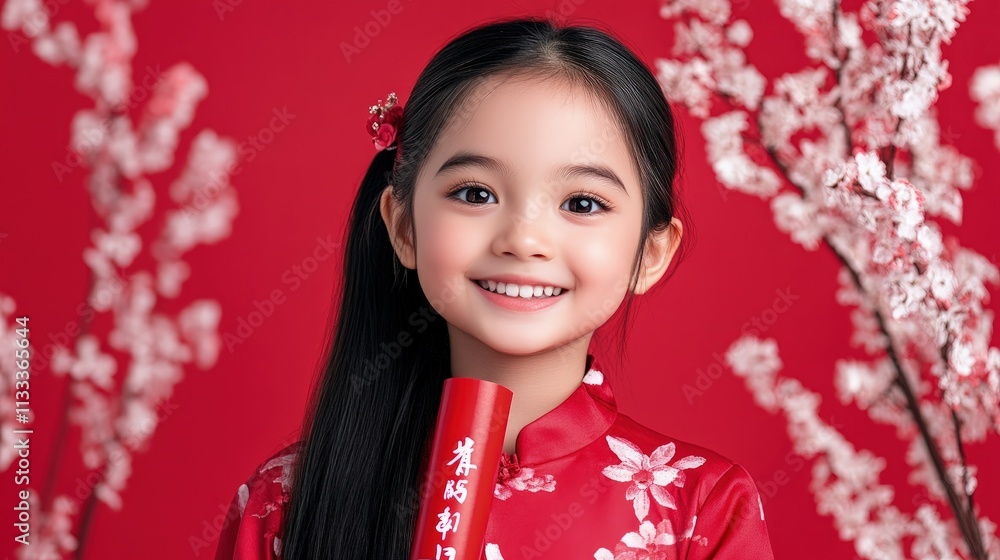 Happy smiling girl in traditional red dress holding a red scroll ...