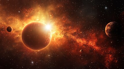 Fototapete - A vibrant outer space view showcasing a glowing red planet surrounded by fiery gas clouds and distant stars. Perfect for sci-fi, fantasy, or astronomy-themed projects.. AI Generation