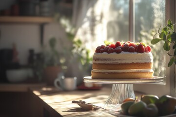 Wall Mural - Delicious Strawberry Cake On Display In Sunlight