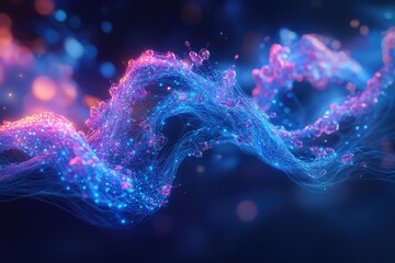 Wall Mural - abstract digital artwork depicting a flowing, interconnected network of glowing blue and pink partic