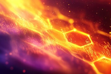 Wall Mural - abstract fiery orange and purple hexagonal network glowing with digital data streams.