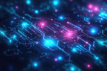 Wall Mural - abstract digital circuit board glowing with vibrant blue and pink neon lights, representing technolo