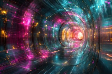 Wall Mural - a vibrant, swirling tunnel of light and color, representing digital data streams and futuristic tech