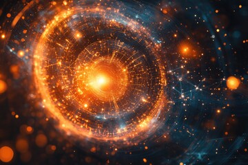 Wall Mural - a mesmerizing cosmic swirl of vibrant orange and blue, depicting interconnected networks and celesti