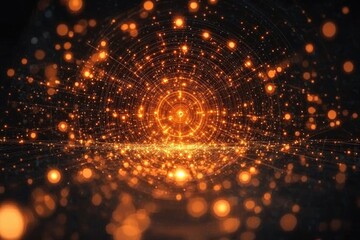 Wall Mural - abstract digital art depicting a glowing, circular tunnel of light and interconnected particles.