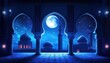© Andrii - Elegant Ramadan Arch Windows: Traditional Arabian Window Design Featuring Turkish And Moroccan Mosque, Intricate Eastern Patterns Under Moonlit Islamic Skies. Celebrating Eid