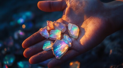Poster - A hand displays a collection of shimmering gemstones that catch the fading light of dusk. The iridescent stones glimmer with vibrant colors, set against a blurred background of more gemstones.