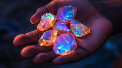 Poster - A hand displays several gemstones with vibrant colors that shimmer in the light, set against a dark background. The intricate facets of the stones highlight their beauty and uniqueness.