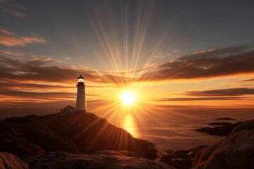 Wall Mural - Captivating sunrise over a lighthouse by the ocean with radiant colors and tranquil waves