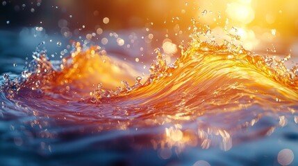 Wall Mural - Vivid orange wave with sparkling water drops in golden sunlight