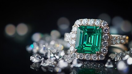 Aufkleber - A striking emerald gemstone ring features a large emerald cut surrounded by shimmering diamonds resting on a dark background. Brilliant light reflects off the polished surface, enhancing its allure.