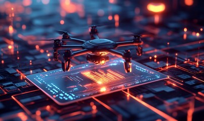 Poster - A drone hovering over a digital interface with glowing data elements.