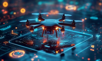 Poster - A futuristic drone hovering above a digital circuit board.
