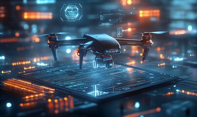 Poster - A futuristic drone hovering over a digital interface, symbolizing technology.
