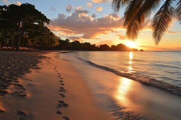 Wall Mural - Serene beach at sunset with footprints along the shore and trees in the background