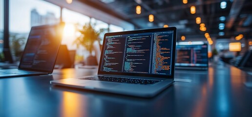Poster - A modern workspace with a laptop displaying code and a city view.