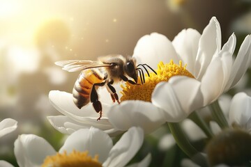 Wall Mural - Busy bee collecting pollen from vibrant white flowers in sunny garden setting