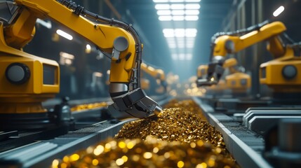 Aufkleber - Advanced robotic arms are meticulously sorting and processing a mound of sparkling gemstones in a high-tech industrial setting. The well-lit environment enhances the vibrant colors of the gems.