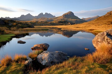 Canvas Print - Mountain landscape with calm water reflecting peaks during sunset in a rural area