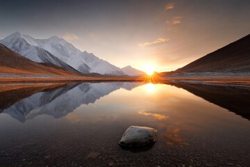 Wall Mural - Breathtaking sunset reflection over serene mountain lake in the wilderness