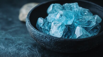 Poster - A collection of sparkling blue gemstones rests in a dark, textured bowl. The gemstones glisten with light, showcasing their clarity and vibrant color, creating a striking visual contrast.