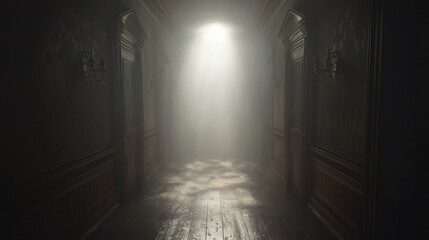 Canvas Print - Light beams in a dark, foggy corridor with panel walls.