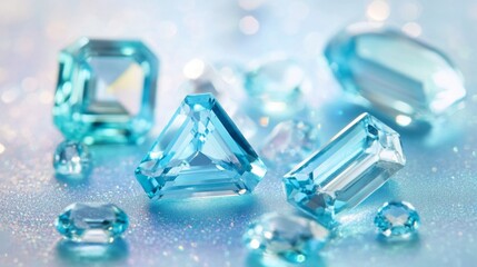 Poster - Various blue gemstones of different shapes and sizes are arranged aesthetically on a sparkling background. The stones capture light, creating a dazzling effect and highlighting their unique features.