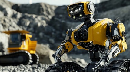 Fototapete - A robotic machine, designed for gemstone extraction, operates in a mining site. The backdrop features large machinery, highlighting a futuristic mining operation focused on efficiency and precision.